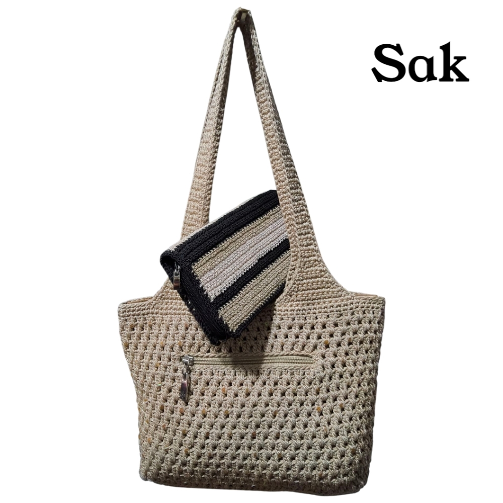The Sak Beige and Champagne Sequin Crochet Hobo Bag with Crochet Wallet Set